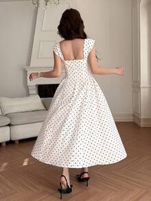 DAZY 女士甜心领波点印花系带腰身优雅中长连衣裙婚礼宾客礼服 - 米色 - 查看 2