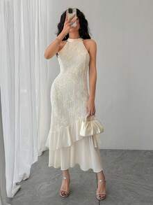 DAZY 女士优雅花卉纹理荷叶边无袖连衣裙，夏季 - 米色 - 查看 8