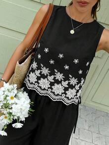 Serisse Women's Floral Embroidery Vest And Pants 2 Pieces Casual Vacation Set - Black - View 5