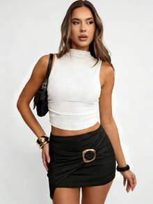 Avenya Pleated Patchwork Metal Decor Bodycon Skirt - Black - View 1