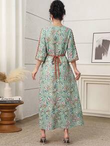 Yasmyna Đầm Abaya nữ in hoa với họa tiết trang trí, đầm midi nữ tay lỡ 3/4 in hoa thanh lịch, đầm in hoa nữ, đầm in hoa màu xanh lá cây. - màu xanh lá - Xem 5