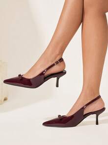 CUCCOO CHICEST Giày cao gót nữ mũi nhọn, thiết kế khóa cài, trang trí nơ, phù hợp mang hàng ngày, thời trang. - Màu Đỏ Sâu - Xem 1