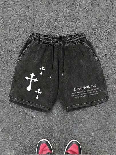 Sport MetroGents 男士抽绳腰带口袋十字字母印花休闲百搭日常运动短裤