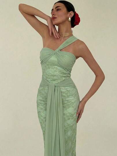 Aloruh 女士纯色刺绣褶皱不对称领口无袖连衣裙