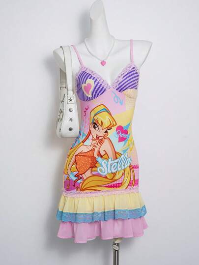 The Winx X SHEIN Women's Y2K Cartoon Figure Graphic Ruffle Hem Camisole Dress, Summer