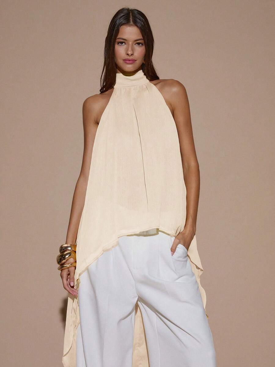 SHEIN BAE 性感简约纯色奶油黄雪纺吊带背心，适合派对、鸡尾酒会、正式场合、伴娘、生日、圣诞节、商务休闲等场合。 - 杏色 - 查看 1