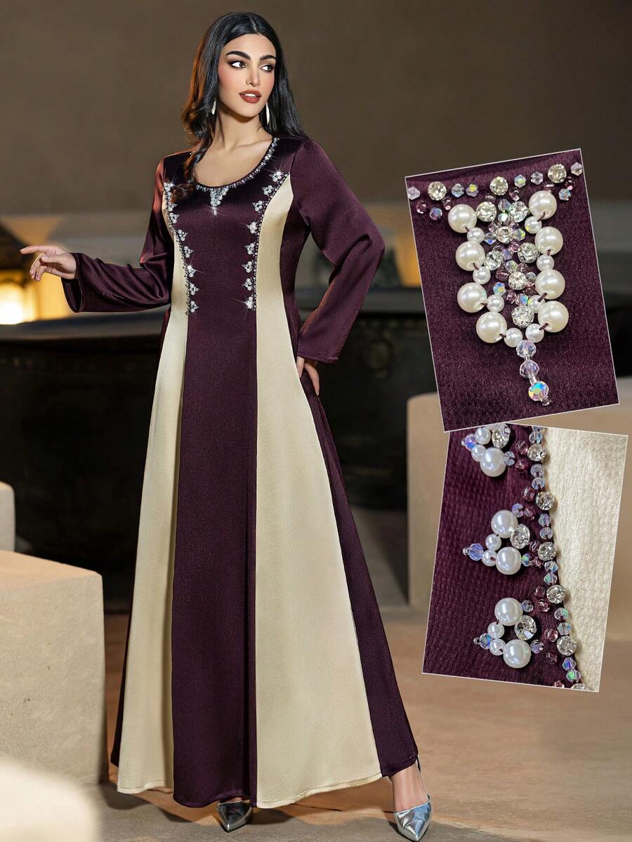 Layrah Đầm dài tay đính đá lấp lánh, thoải mái, phối màu tương phản, giúp tôn dáng.