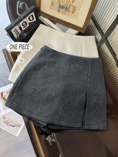 Franclia Petite Falda-pantalón de doble capa con dobladillo dividido, de mezcla de punto, tipo línea A, gruesa y recatada