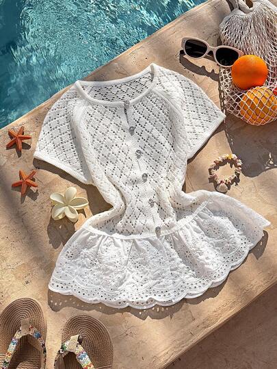 Trelyra Women's Solid Color Round Neck Raglan Sleeve Short Sleeve Front Button Hollow Embroidery Knit Top