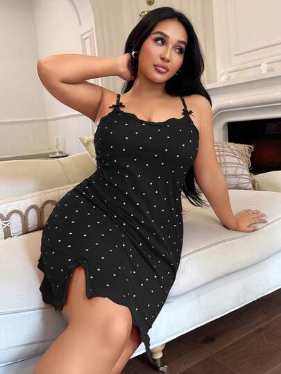 SHEIN Plus Size Sexy Black Mini Sleep Dress With Spaghetti Strap And Rib Knit Texture