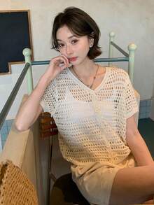 DAZY Women's Summer French Niche Design Single-Breasted V-Neck Thin Hollow Out Short Sleeve Knit Sweater Top - Apricot - View 6