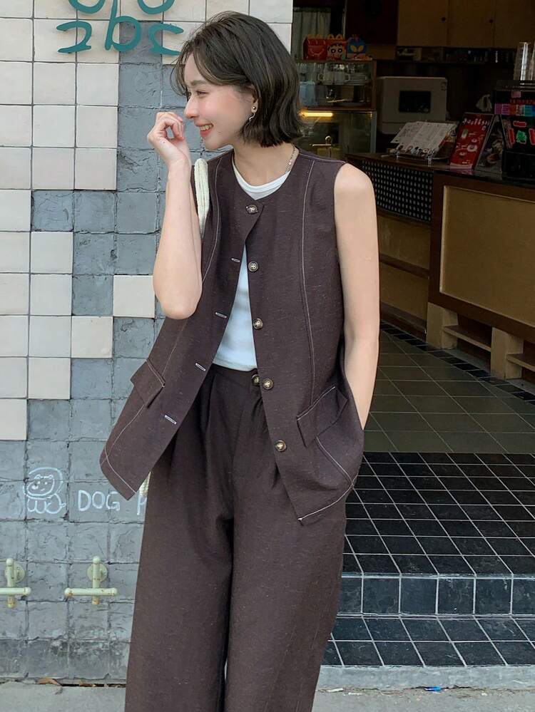 Women's Solid Color Round Neck Single-Breasted Top And Wide-Leg Pants Casual Two Pieces Set