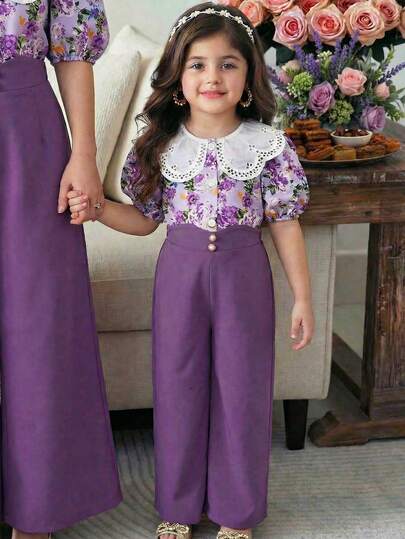 LMoss Kids 2 Parça/Set Genç Kız Çocukları İçin Küçük Çiçekli Peter Pan Yaka Tişört ve Pantolon Takımı, İlkbahar/Yaz Mevsimine Uygun