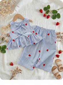 Babygirl Cute Casual Strawberry Striped Bow Decor Camisole & Pants Set - Blue - View 1