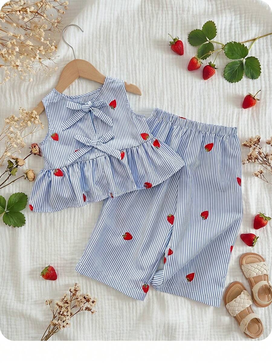 Babygirl Cute Casual Strawberry Striped Bow Decor Camisole & Pants Set - Blue - View 1