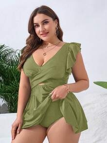 Swim Lushoire Top de tankini à volants croisés de couleur unie avec short de bain pour femmes grande taille - Vert - Voir 4