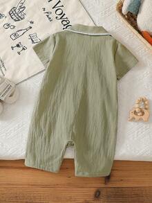 Infant/Toddler Boys' Elegant Minimalist Short Sleeve Shorts Set, Soft Washed Textured Fabric, Comfortable & Skin-Friendly, One-Piece Jumpsuit Design Baby Clothes Sage Green Baby Romper Baby Short Sleeved Romper Baby Boy Summer Romper Unisex Baby Clothes - Dark Green - View 2