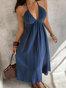 SHEIN 女士牛仔超长高开衩连衣裙 - 藍色 - 查看 5