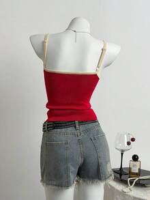 Elamini 女士夏季度假休闲3D印花吊带针织上衣 - 酒紅色 - 查看 2