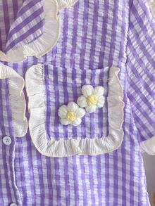 Summer Clothes  Girls' Button Front Floral Patchwork Ruffle Hem Pockets Short Sleeve Casual Dress Lavender Pajama Dress - Purple - View 10