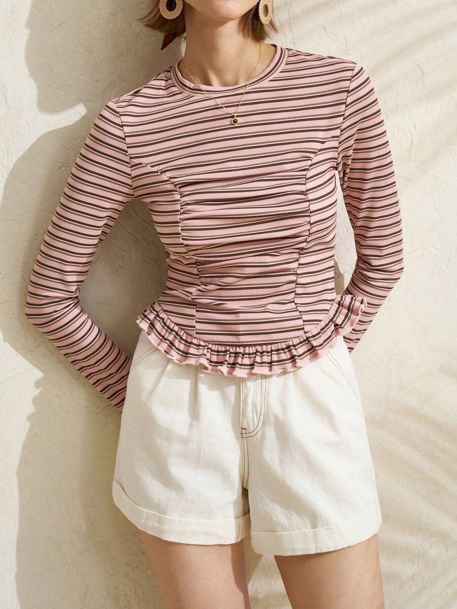 Franclia Casual Round Neck Striped Ruffle Trim Long Sleeve T-Shirt, Spring/Autumn - Multicolor - View 1