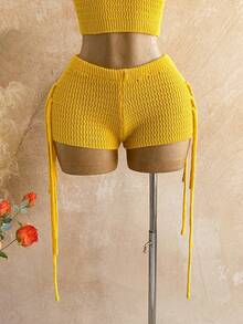 Soleia Casual Outfit For Women Beach Summer Outfits Vacation Womenvyellow 2pcs Solid Color Asymmetrical Shoulder Knit Top And Fringe Design Shorts Set - Yellow - View 5