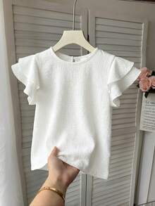 LMoss Kids Young Girl Textured Woven Round Neck Ruched Ruffle Trim Fitted Casual Top, Vacation Style, French Elegance, Suitable For Spring Outing And Holiday - Beige - View 1