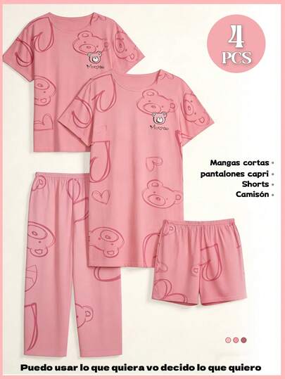 Set de 4 piezas de pijama informal con dibujos animados para mujer, tres piezas, adecuado para las temporadas de primavera, verano y otoño,pijamas mujeres,valentines day