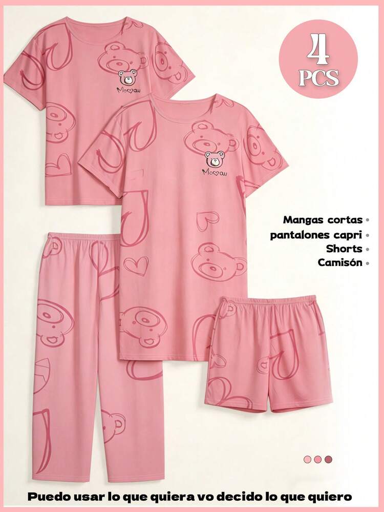 Set de 4 piezas de pijama informal con dibujos animados para mujer, tres piezas, adecuado para las temporadas de primavera, verano y otoño,pijamas mujeres,valentines - Oso de amor - Añade 1