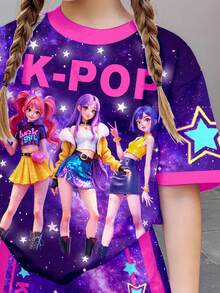 SHEIN 2件套少女休闲运动风韩流卡通女孩字母星空印花短袖上衣和短裤套装，适合夏季和返校季 - 彩色 - 查看 4