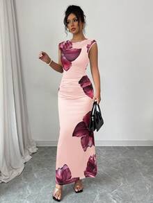 Elenzga Vacation Round Neck Sleeveless Floral Print Elegant Women Dress - Baby Pink - View 4