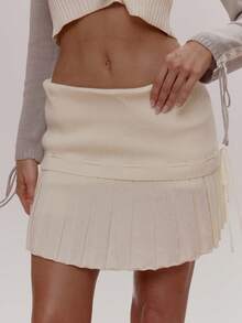 MUSERA Foldover Waist Lace Through Bow Detail Pleated Knit Skort Cute Girly Sexy Spring Winter Going Out Daily Easter Sugar Swizzle - Beige - View 1
