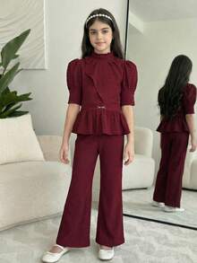 Firerie Kids 2pcs Tween Girls Casual Elegant Commute Textured Wine Red Puff Sleeve Waist Button A-Line Top And Flare Pants Set - Burgundy - View 1