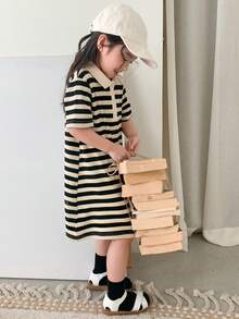 Dazy Kids 年轻女孩条纹高领短袖休闲连衣裙 - 黑與白 - 查看 7