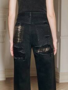 Anewsta Women's Casual Loose Fit Distressed Rhinestone Pocket Straight Leg Jeans Rhinestone Jeans - Black - View 7