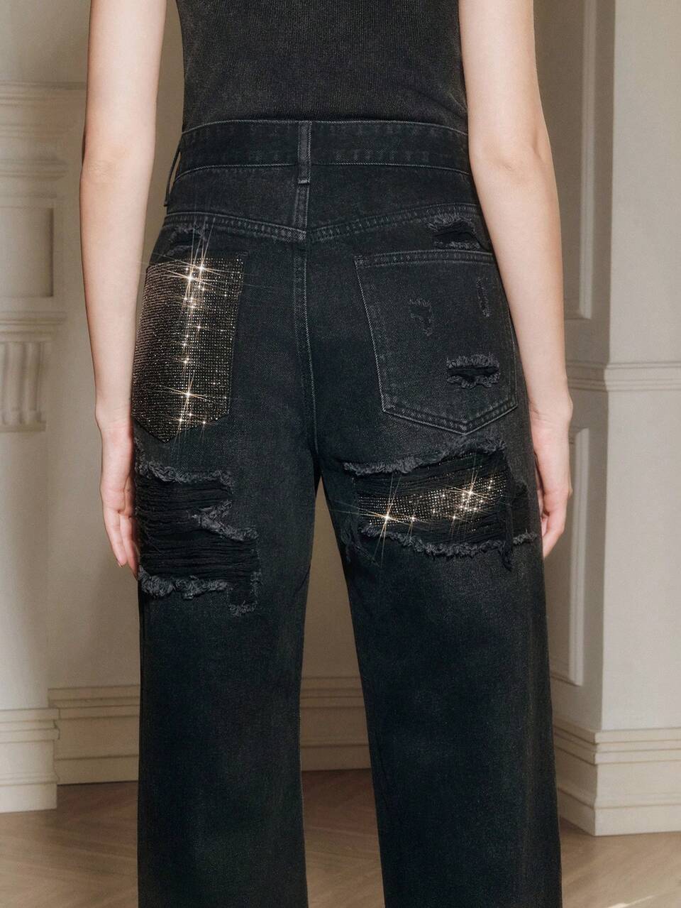 Anewsta Women's Casual Loose Fit Distressed Rhinestone Pocket Straight Leg Jeans Rhinestone Jeans