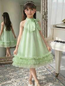 年轻女孩优雅可爱的绿色网纱蝴蝶结无袖连衣裙 - 綠色 - 查看 1