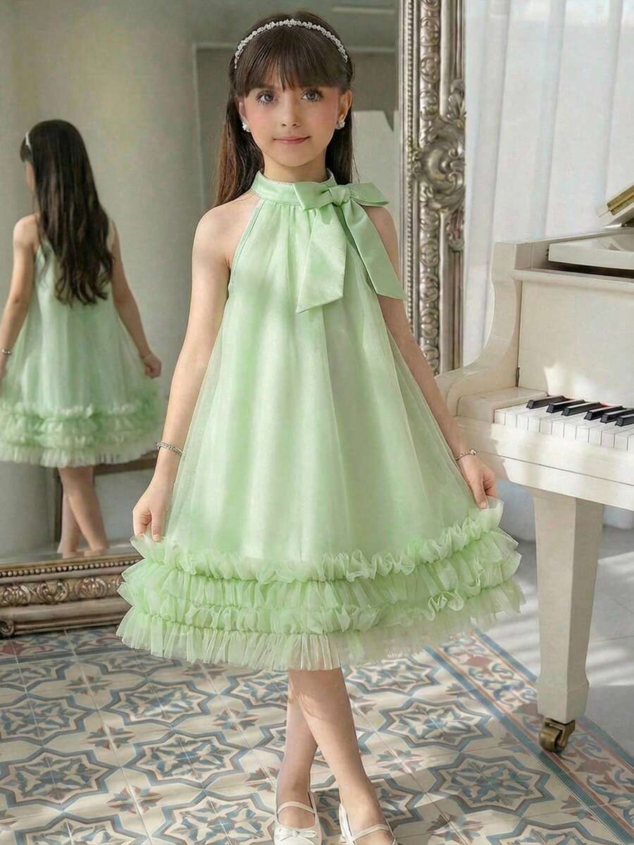 年轻女孩优雅可爱的绿色网纱蝴蝶结无袖连衣裙 - 綠色 - 查看 1
