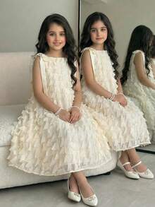 Tween Girl Woven 3D Floral Apricot Snug Fit Sleeveless Dress - Apricot - View 2