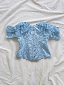 Soleia 春夏新款休闲度假西部海滩婚礼宾客礼服毕业早午餐女装，圣帕特里克节春假复活节音乐节优雅波西米亚热带浪漫露背蝴蝶结纹理蕾丝边衬衫 - 淺藍色 - 查看 4