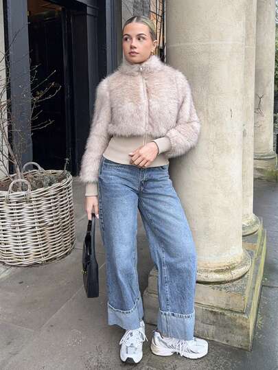 Bethéva 女士纯色长袖短立领仿毛皮外套 Y2k 女式外套