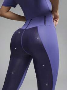 Innovista Women's Contrast Zipper Collar Short Sleeve T-Shirt, Earrings, Leggings, Equestrian Outfit - Purple - View 3