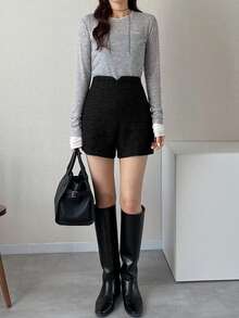 FRIFUL Women's Solid Color Casual Versatile Daily Wear Shorts - Black - View 6