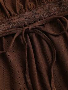 Sweetra 2pcs/Set Casual Cute Textured Hollow-Out Lace-Up T-Shirt And Wide Leg Pants Set, Brown For Women - Brown - View 7