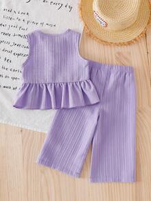 SHEIN Vintaside Kids 2pcs/Set Baby Girls' Summer Clothes Back To School Season 3M-3Y, Purple Fashionable Cute Round Neck Sleeveless Ruffle Blouse & Elastic Waist Pants, Soft Casual Outfit Suitable For Spring/Summer, Gift - Purple - View 2