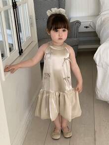 DAZY Baby Girls' Round Neck Satin Bow Tie Puff Sleeve Ruffle Trim Korean Style Birthday Party Dress - Apricot - View 4