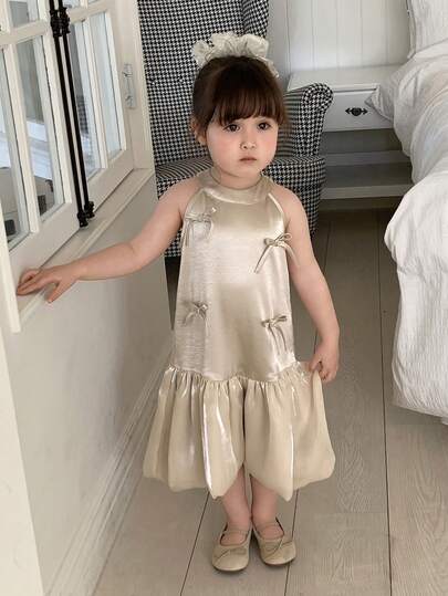 DAZY Baby Girls' Round Neck Satin Bow Tie Puff Sleeve Ruffle Trim Korean Style Birthday Party Dress