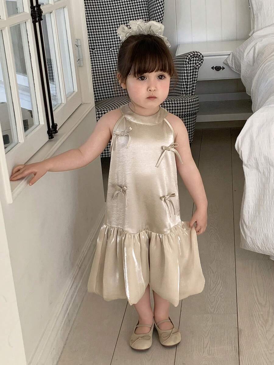 DAZY Baby Girls' Round Neck Satin Bow Tie Puff Sleeve Ruffle Trim Korean Style Birthday Party Dress - Apricot - View 1