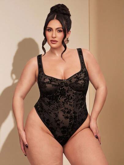 SHEIN BAE Plus Size Black Flocking Floral Sweetheart Neck Sleeveless Bodysuit Elegant Tank Top