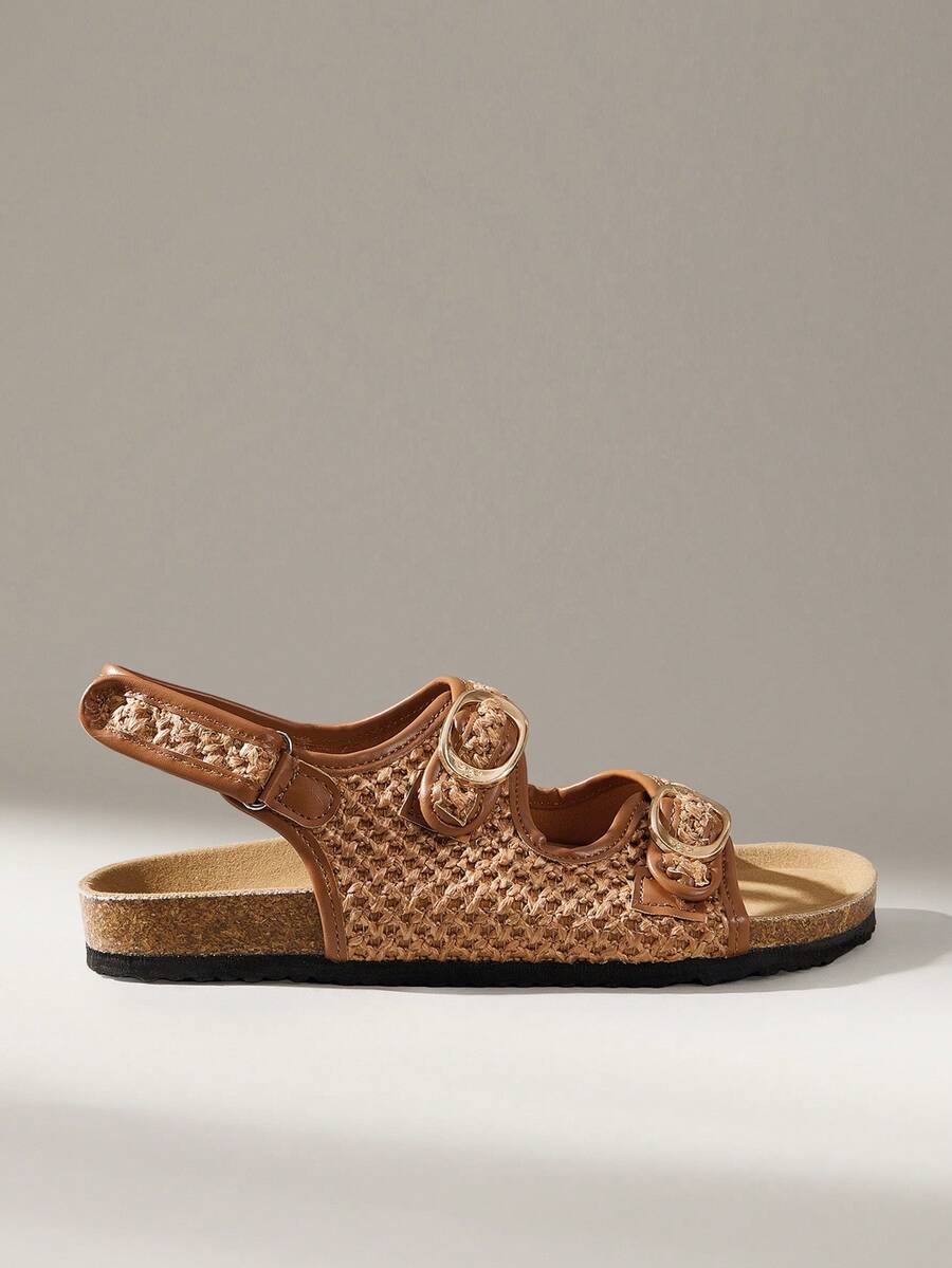 Solecia Ladies Spring And Summer New Brown Woven Open-Toe Buckle With Light Luxury Fashion Versatile Sandals - Casual Outdoor Beach Vacation Wind Retro Bohemian Wind Internet Celebrity Recommendation Fairy Wind French Minimalist Design Wood Grain Shoes - Brown - View 1